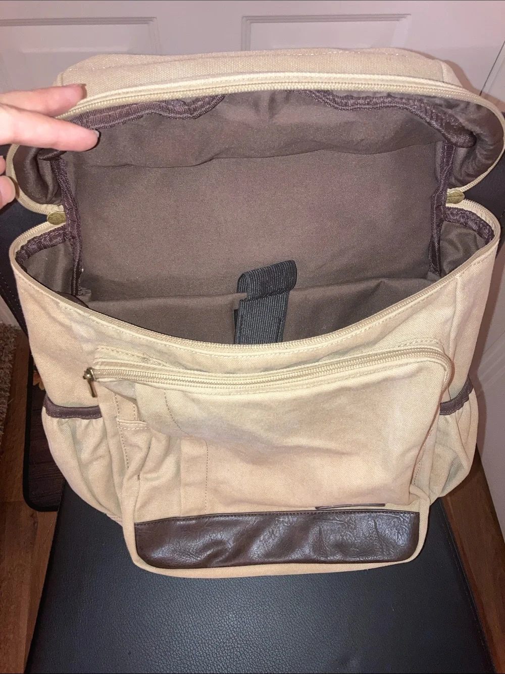 Portage Unisex Beige Canvas Backpack with Brown Trim